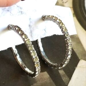 Vintage hoop earrings with clear rhinestones silver tone